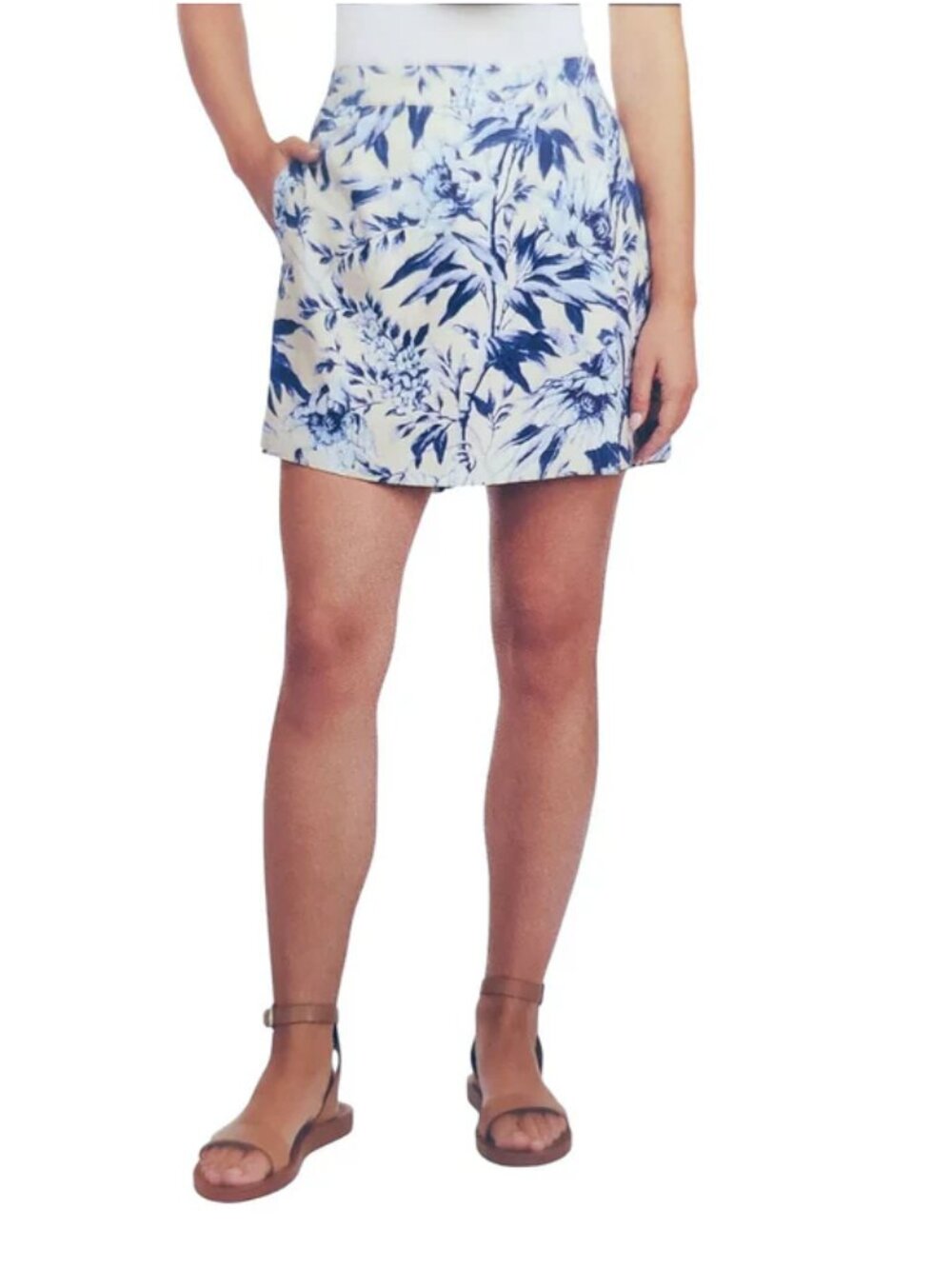 Ellen Tracy Skort Linen Skirt Shorts Blue Tropical Elastic Waist Pull-on XL
